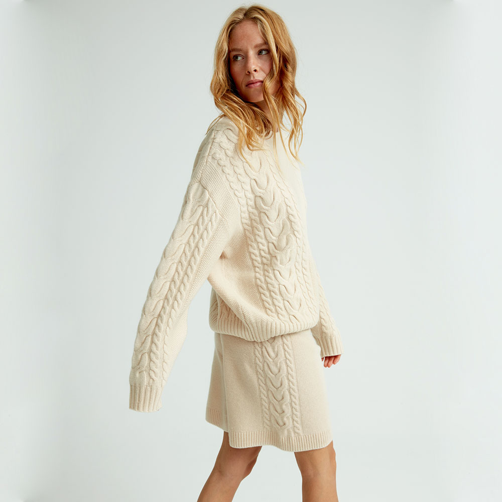 Wool cable knit shorts, Nature, hi-res
